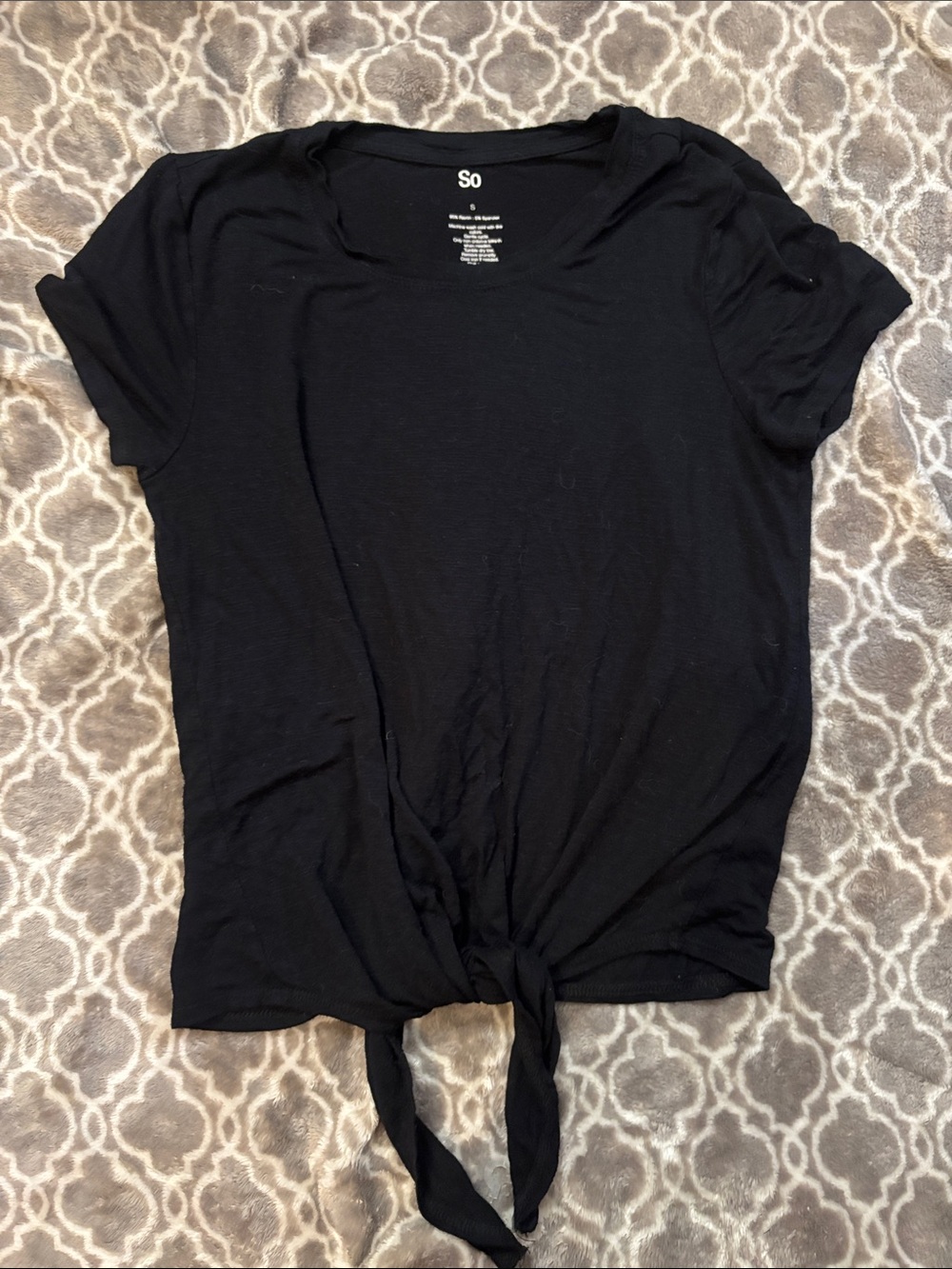 SO Black Tie-Front Crop Top with Short Sleeves